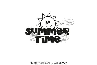 A monochrome illustration featuring summer time elements like a sun, surfboard, umbrella, beach ball, and palm tree.