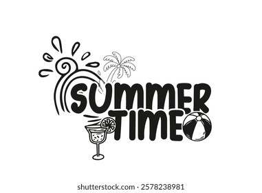 A monochrome illustration featuring summer time elements like a sun, surfboard, umbrella, beach ball, and palm tree.