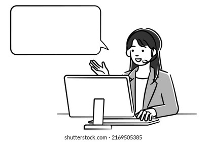 It is a monochrome illustration of a female operator who guides you to a computer.Vector data that is easy to edit.