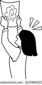 Monochrome illustration of a female student who is happy to get a high score on a test