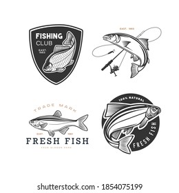 Monochrome illustration with a fish logos for design on a fishing theme.