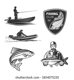 Monochrome illustration with a fisherman for design on a fishing theme.