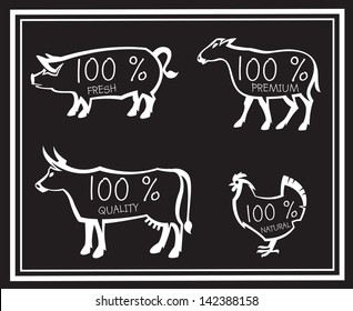 monochrome illustration of four farm animals