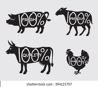 monochrome illustration of four farm animals