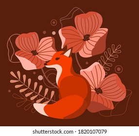 Monochrome illustration with fox and poppies in vector