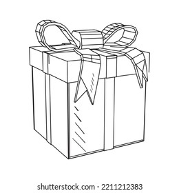 Monochrome illustration of gift box in sketch style. Hand drawings in art ink style. Black and white graphics.