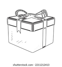 Monochrome illustration of gift box in sketch style. Hand drawings in art ink style. Black and white graphics.