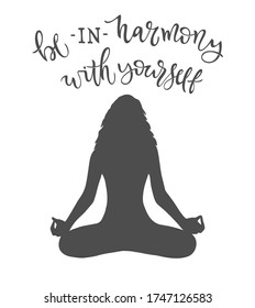 Monochrome illustration of girl silhouette in lotus position isolated on white background. Vector template with lettering for stamp, sticker, stencil, banner. Poster for International Yoga Day. eps10