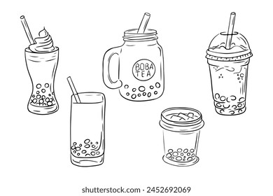 Monochrome illustration with glasses of bubble tea in doodle style. Contour vector composition isolated on white background. Hand drawn sketchy drawing