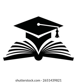 Monochrome illustration of a graduation cap atop an open book against a white background. The style is simple and symbolic.