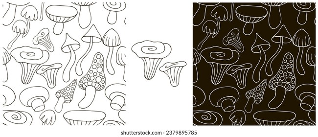 Monochrome Illustration in hand draw style. Set Seamless pattern and print. Can be used for fabric, packaging, wrapping paper and etc