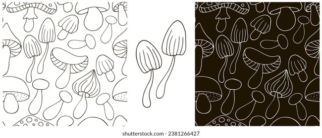 Monochrome Illustration in hand draw style. Set Seamless pattern and print. Can be used for fabric, packaging, wrapping paper and etc