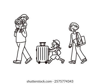 Monochrome illustration of happy family going on a trip