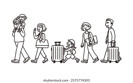 Monochrome illustration of happy three generation family going on a trip