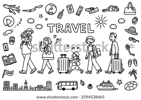 Monochrome illustration of happy three generation family going on a trip and travel icon set