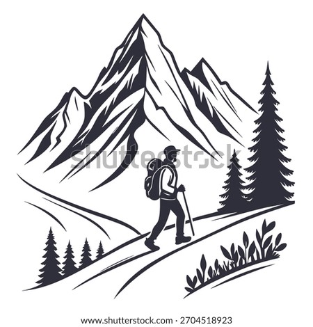 Monochrome illustration of a hiker with a backpack walking towards a mountain peak through a forest. Outdoor adventure concept.