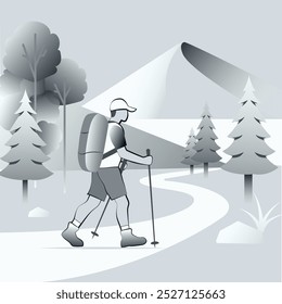 Monochrome illustration of a hiker walking through a forest with mountains in the background.  Outdoor adventure, nature exploration, and trekking themes, 