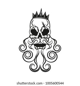 Monochrome illustration of hipster skull with mustache and beard. Isolated on white background