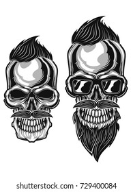 Monochrome illustration of hipster skulls with mustaches, beard and a haircuts isolated on white background.