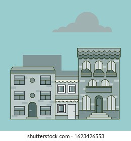 monochrome Сityscape illustration of Historical buildings in flat style. city center drawn in cartoon way in front view. Downtown on cyan background, Concept of summer and spring tourism