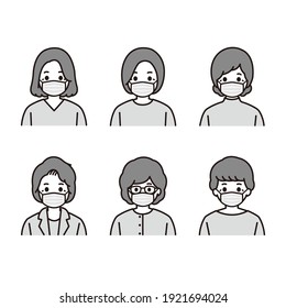 Monochrome illustration icon set of a senior woman with a mask
