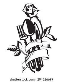 monochrome illustration of knife, fork, spoon and rose