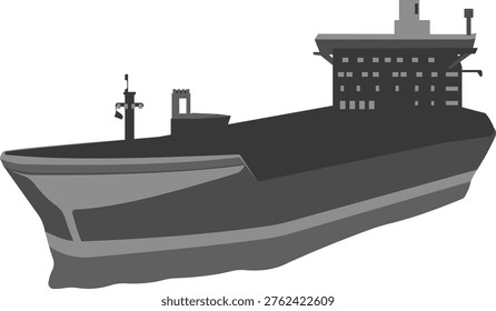 Monochrome illustration of a large cargo ship and container vessel representing maritime shipping, freight transport and commercial sea logistics. Clean silhouette style ideal for transport, industry and travel concepts.
