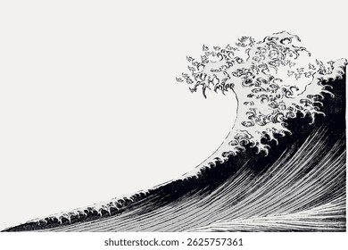 Monochrome illustration of a large wave with intricate details, inspired by traditional Japanese art. The wave's dynamic motion captures a sense of power and elegance. Vintage art illustration vector.