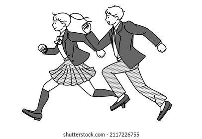 It is a monochrome illustration of a male and female high school student or junior high school student running in uniform.Vector data that is easy to edit.