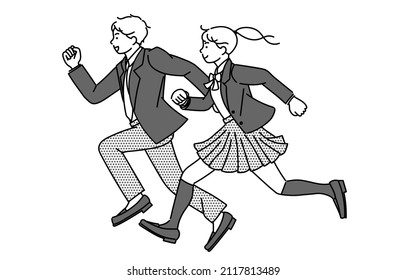 It is a monochrome illustration of a male and female high school student or junior high school student running in uniform.Vector data that is easy to edit.