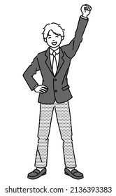 It is a monochrome illustration of a male student who is pleased to push his fist up.
Vector data that is easy to edit.