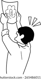 Monochrome illustration of a male student who is happy to get a high score on a test