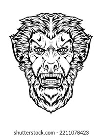 monochrome illustration of monster, werewolf head. isolated on white backgraund. hallowen theme