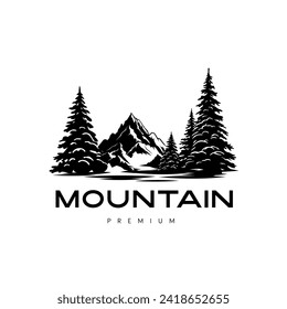 Monochrome illustration with a mountain emblem on a white background. Black-and-white illustration.