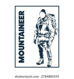 Monochrome illustration of a mountaineer with a large backpack. The figure, dressed in a puffy jacket and pants, wears boots and a hat. Positioned within a rectangular frame, the word 
