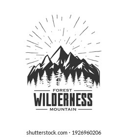 Monochrome illustration with a mountains logo on a white background.