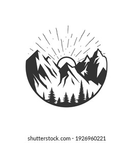 Monochrome illustration with a mountains logo on a white background.