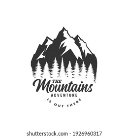 Monochrome illustration with a mountains logo on a white background.