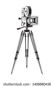 monochrome illustration of movie camera isolated on white background