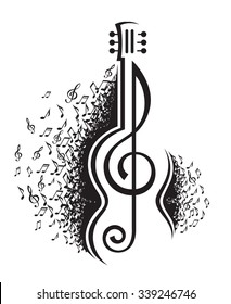 monochrome illustration of musical notes and guitar