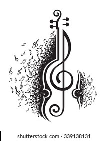 monochrome illustration of musical notes and violin