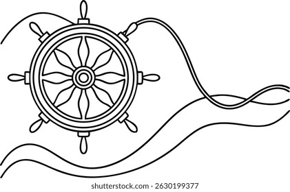 Monochrome illustration of a nautical ship steering wheel with elegant wavy lines around it