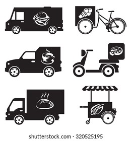 monochrome illustration of nine food transport icons 