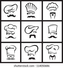 monochrome illustration of nine mustachioed chefs