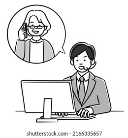 A monochrome illustration of an operator man talking on the phone with a senior woman.Vector data that is easy to edit.