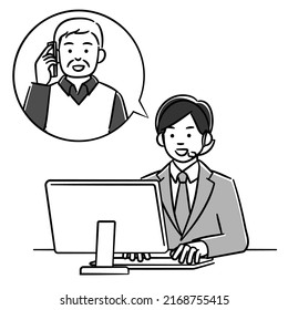 A monochrome illustration of an operator man talking on the phone with a senior man.Vector data that is easy to edit.