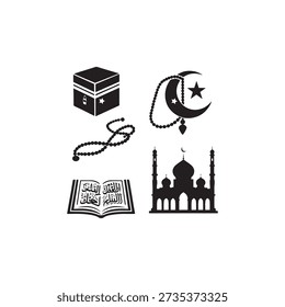 Monochrome illustration pack featuring essential Muslim icons. The set features a crescent moon with a star, distinct prayer beads (Tasbih), the holy book, and architectural mosque elements suitable for Ramadan and Eid designs