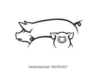 monochrome illustration of pig and piggy isolated on white background