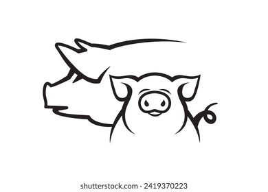 monochrome illustration of pig and piggy isolated on white background
