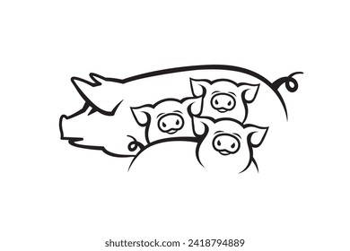 monochrome illustration of pig and piglets isolated on white background